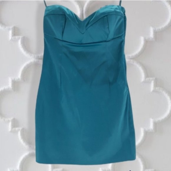 Vintage 90s Satin Turquoise Sweetheart Mini Strapless Dress - Picture 2 of 8
